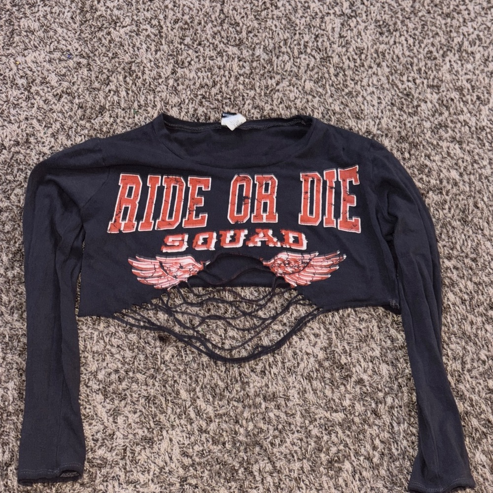 Gray Long Sleeve Crop Top with orange Graphic